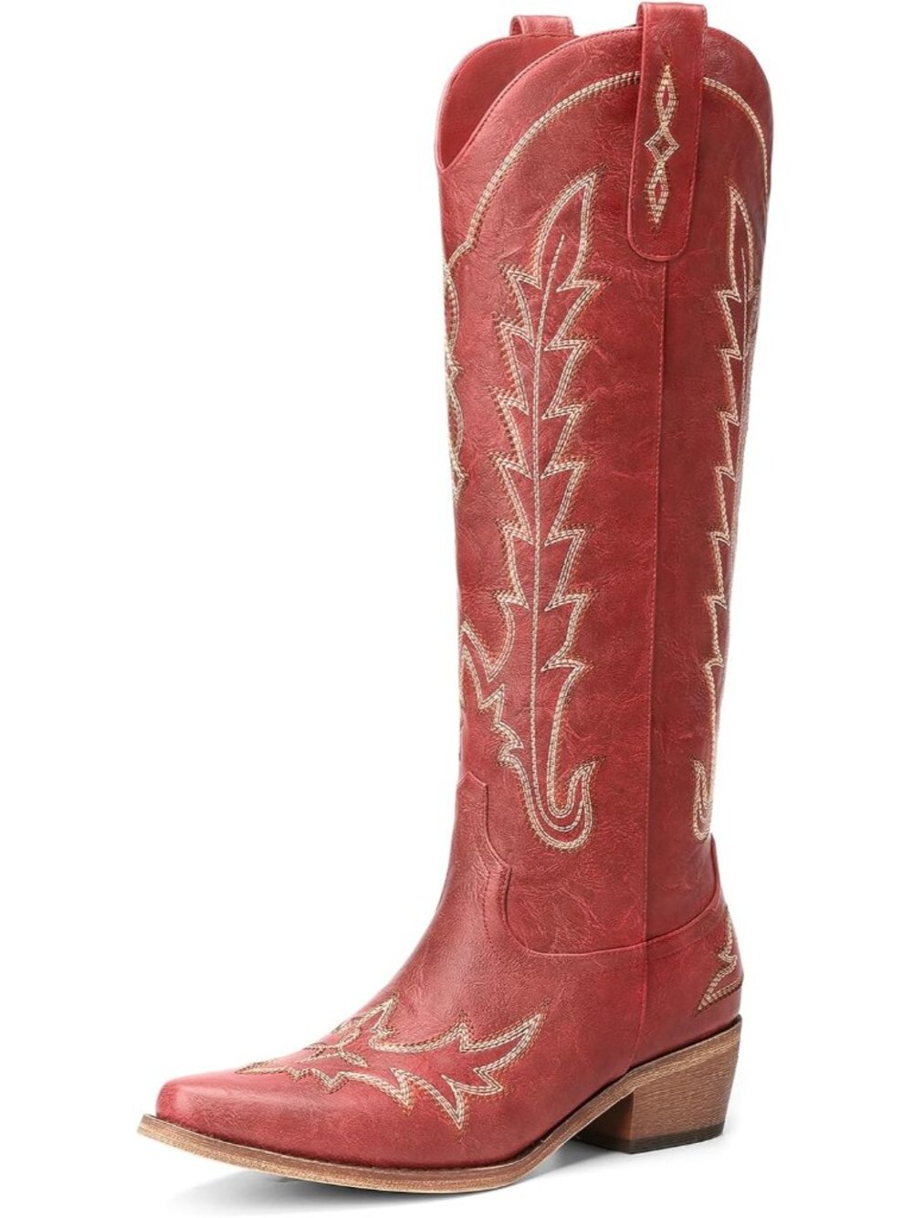 Women's Red Fashion Pointed Toe Chunky Heel Pull On Zipper Western Cowgirl Boots